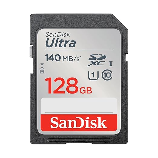 SanDisk Ultra UHS I 128GB SD Card 140MB/s for DSLR and Mirrorless Cameras, 10Y Warranty | Up to 140MB/s, UHS-I, U1, Class 10, Full HD video, Water-resistant design, Impact-resistant build